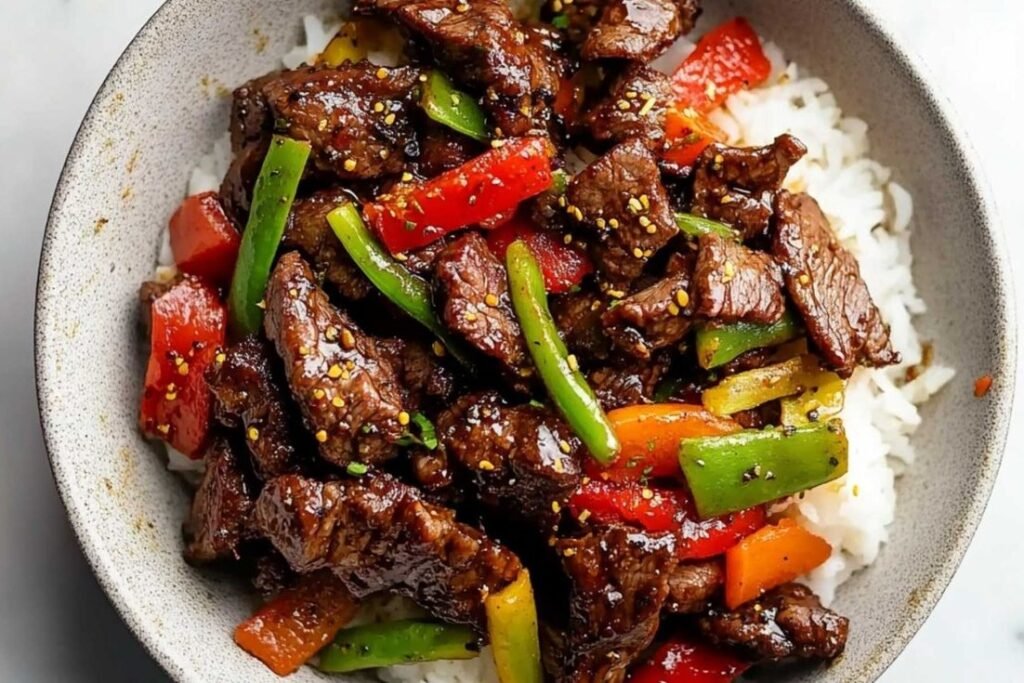 Beef pepper stir-fry with bell peppers over rice.
