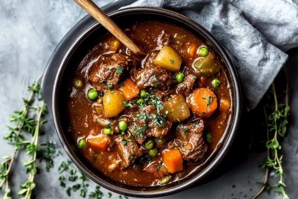 Classic beef stew with tender meat, carrots, potatoes, and herbs.